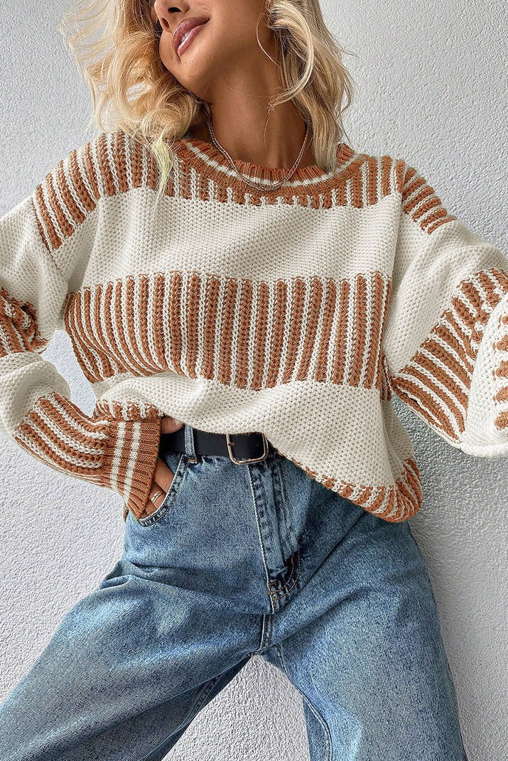 Khaki Two Tone Striped Patchwork Drop Shoulder Sweater