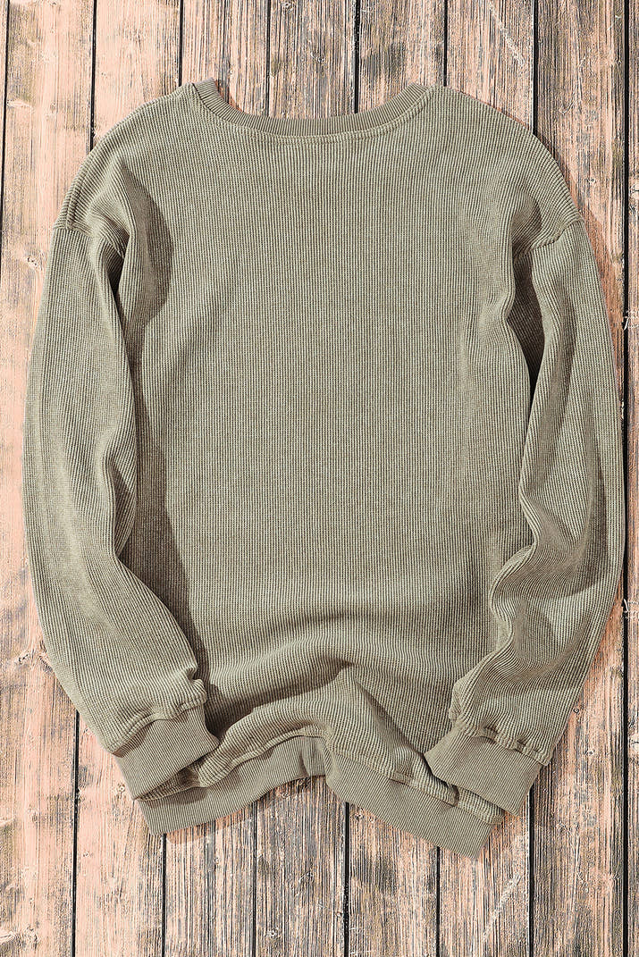 Green Ribbed Round-Neck Drop Sleeve Pullover Sweatshirt