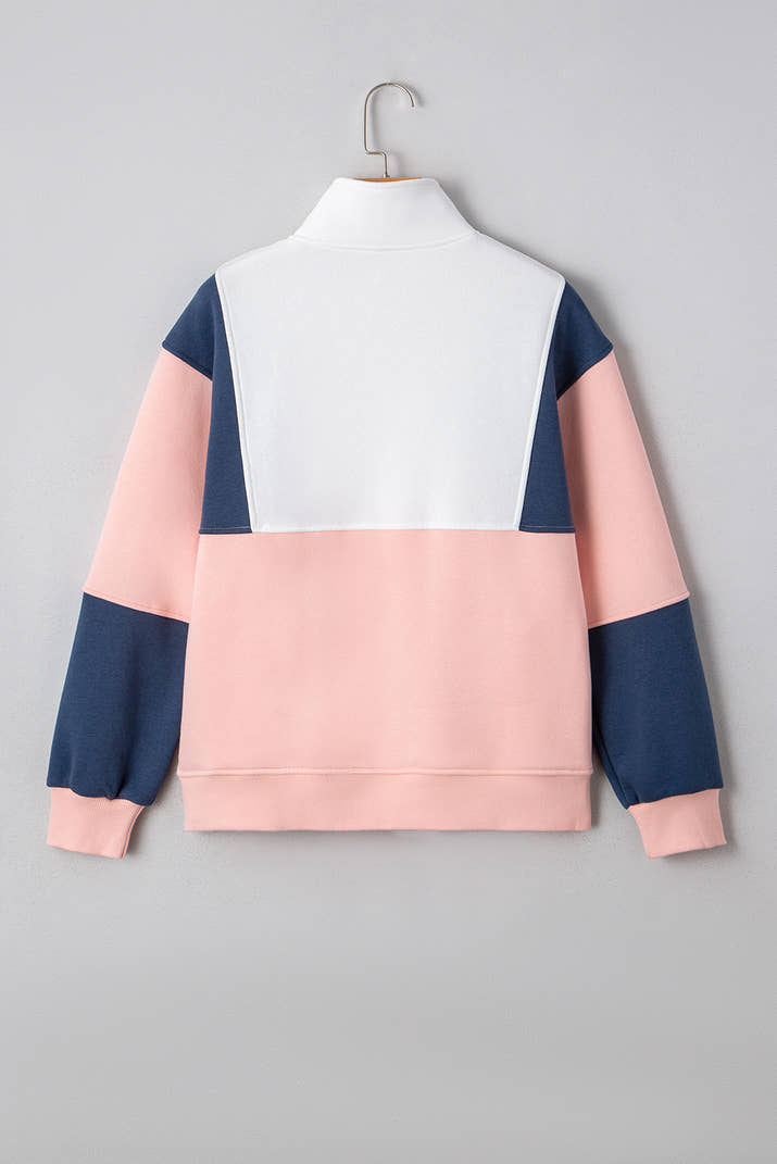 Pink Colorblock Patchwork Half Button Baggy Sweatshirt