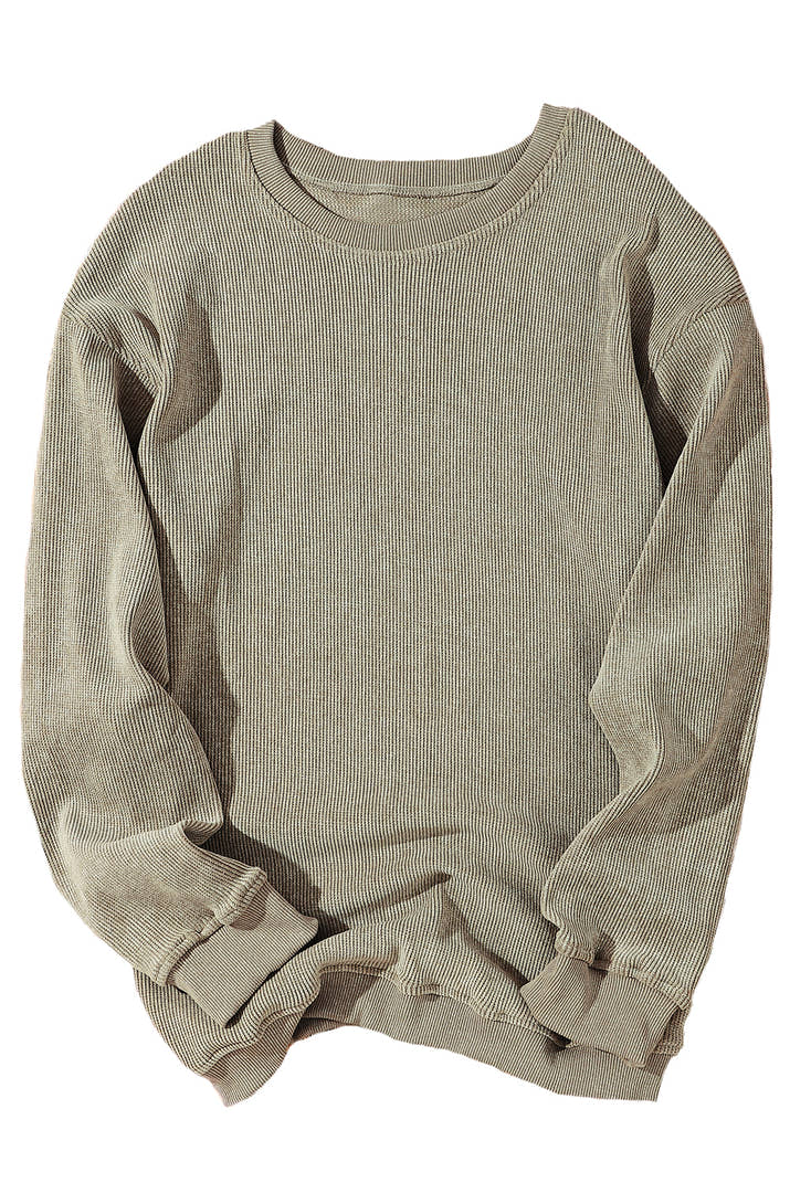 Green Ribbed Round-Neck Drop Sleeve Pullover Sweatshirt
