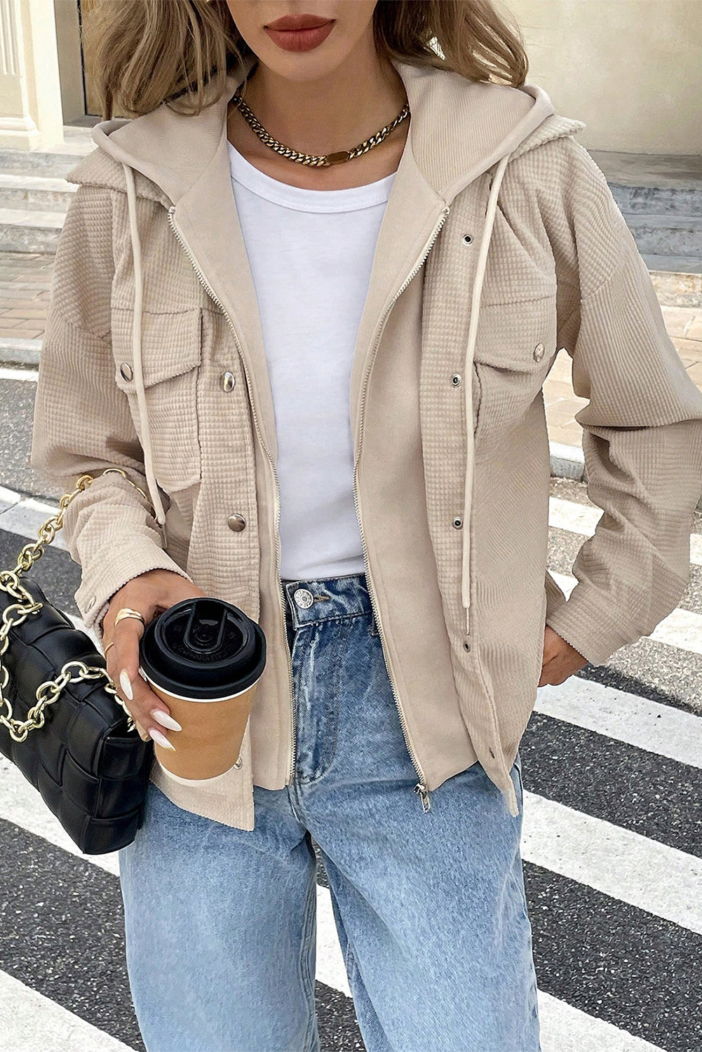 Beige Solid Color Textured Patchwork Flap Pocket Shacket