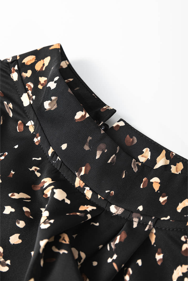 Black Leopard Print Puff Sleeve Mock Neck Pleated Blouse