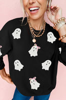 Black Cute Bow Ghost Sequins Patch Graphic Crew Neck Halloween Sweatshirt