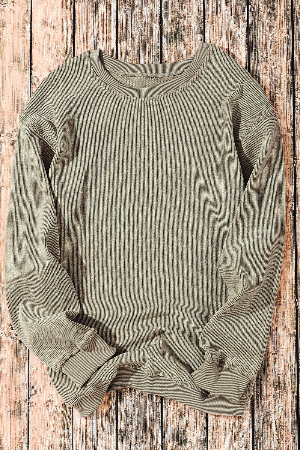 Green Ribbed Round-Neck Drop Sleeve Pullover Sweatshirt