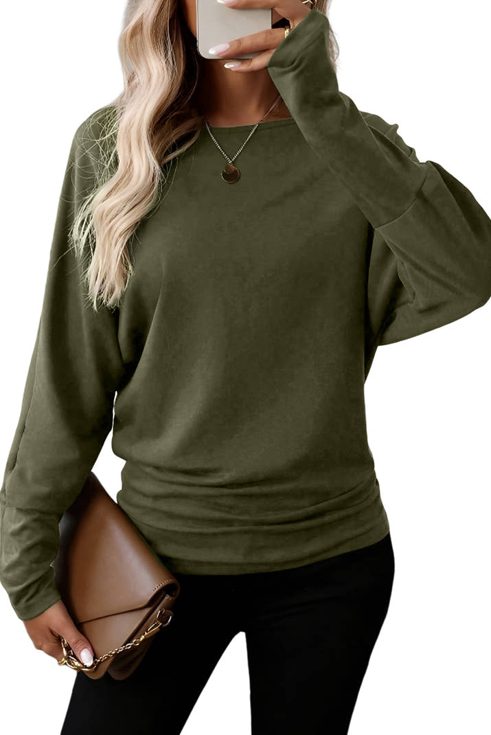 Green Solid Color Round Neck Dolman Sleeve Top