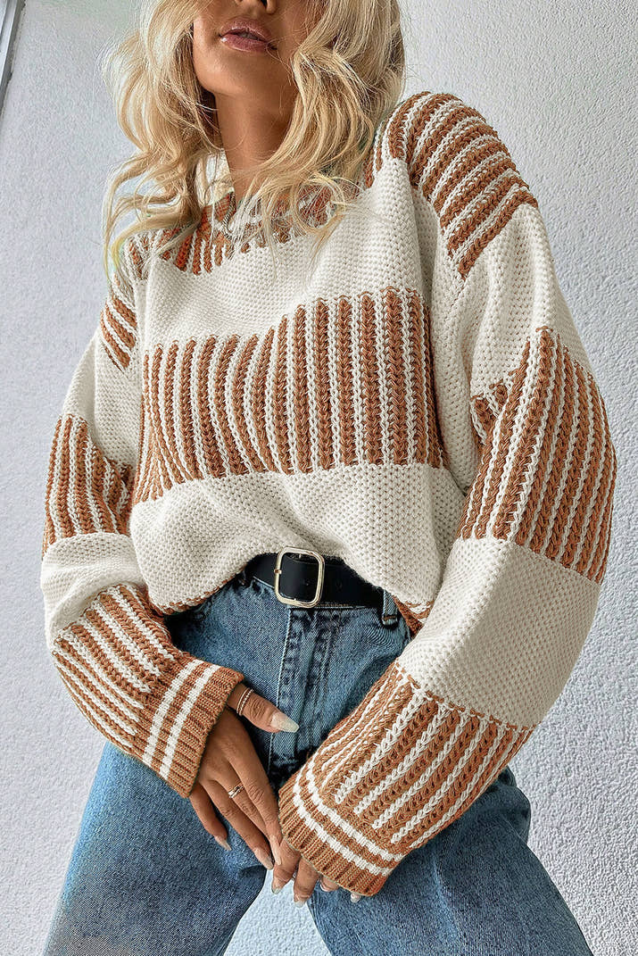 Khaki Two Tone Striped Patchwork Drop Shoulder Sweater