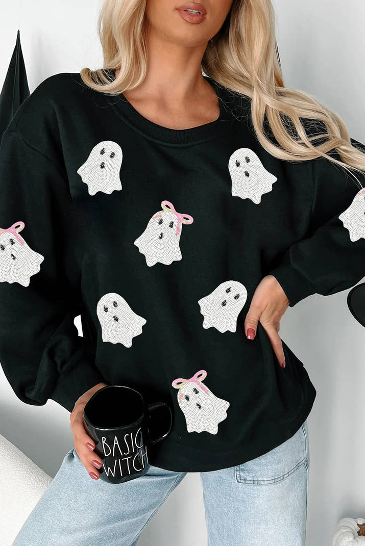 Black Cute Bow Ghost Sequins Patch Graphic Crew Neck Halloween Sweatshirt
