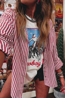 Red Striped Pocket Side Slit Loose Shirt Shacket