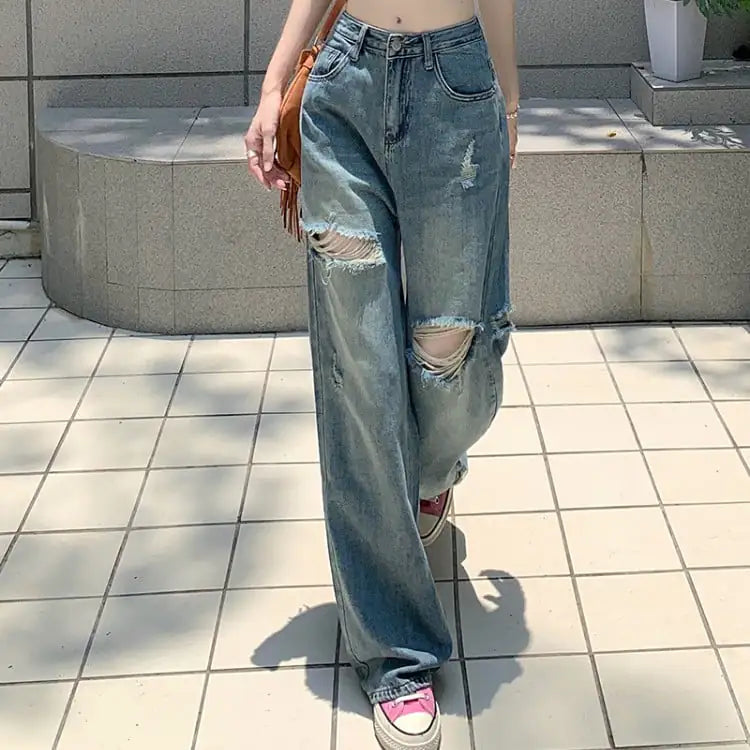 Washed Wide-leg Ripped Jeans Pants