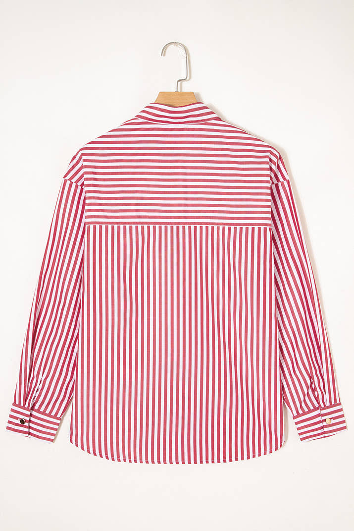 Red Striped Pocket Side Slit Loose Shirt Shacket