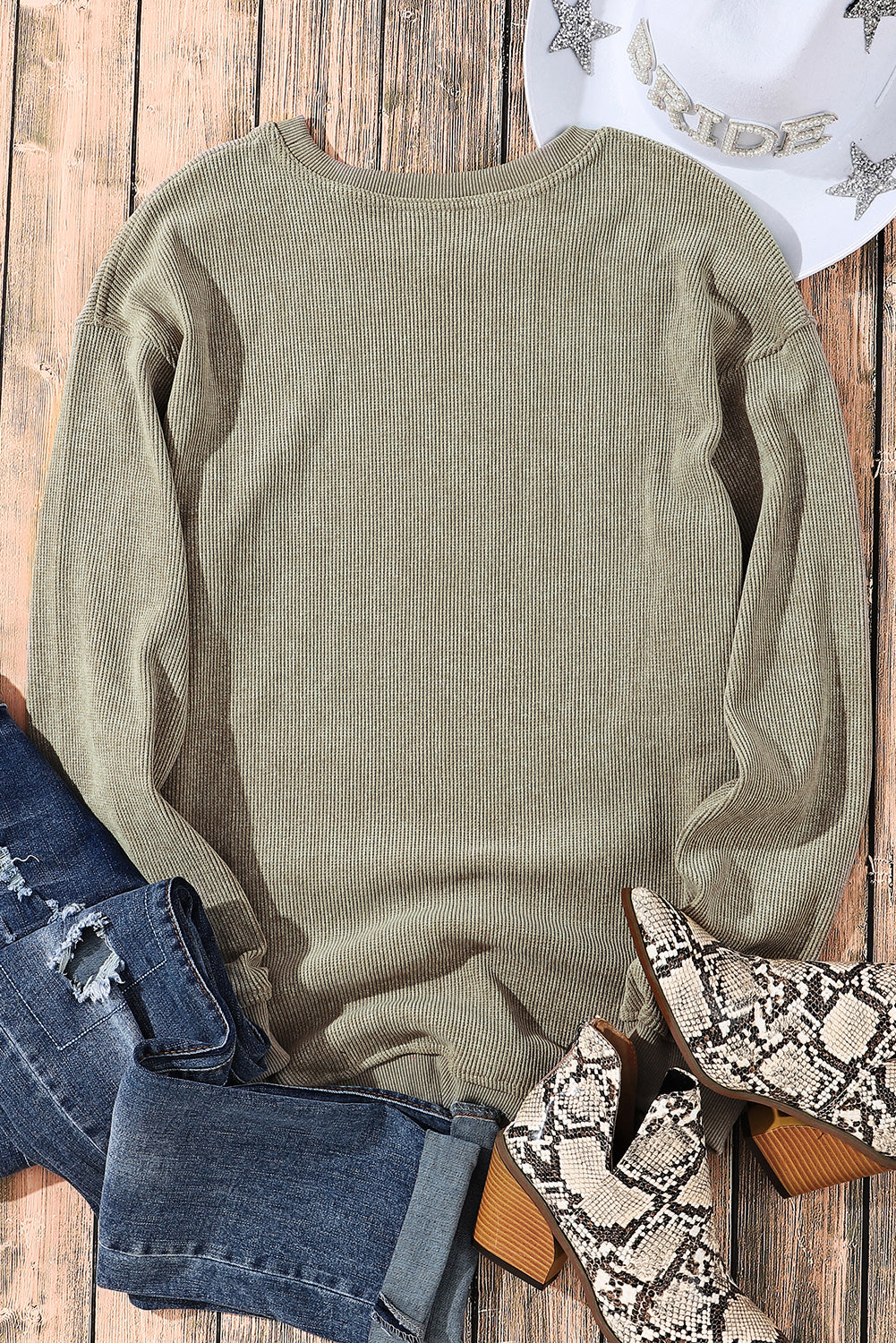 Green Ribbed Round-Neck Drop Sleeve Pullover Sweatshirt