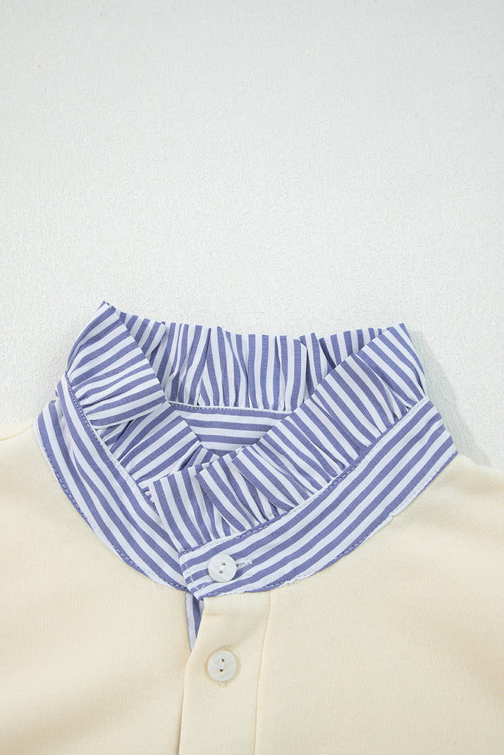 White Striped Ruffle Button Neck Pullover Sweatshirt