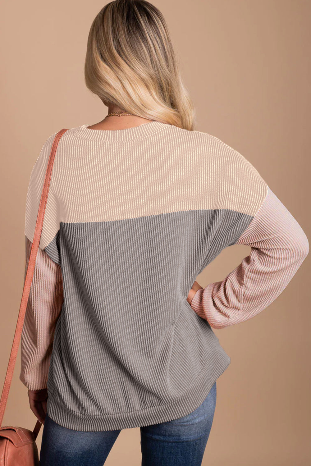 Multicolor Colorblock Ribbed Loose Long Sleeve Top