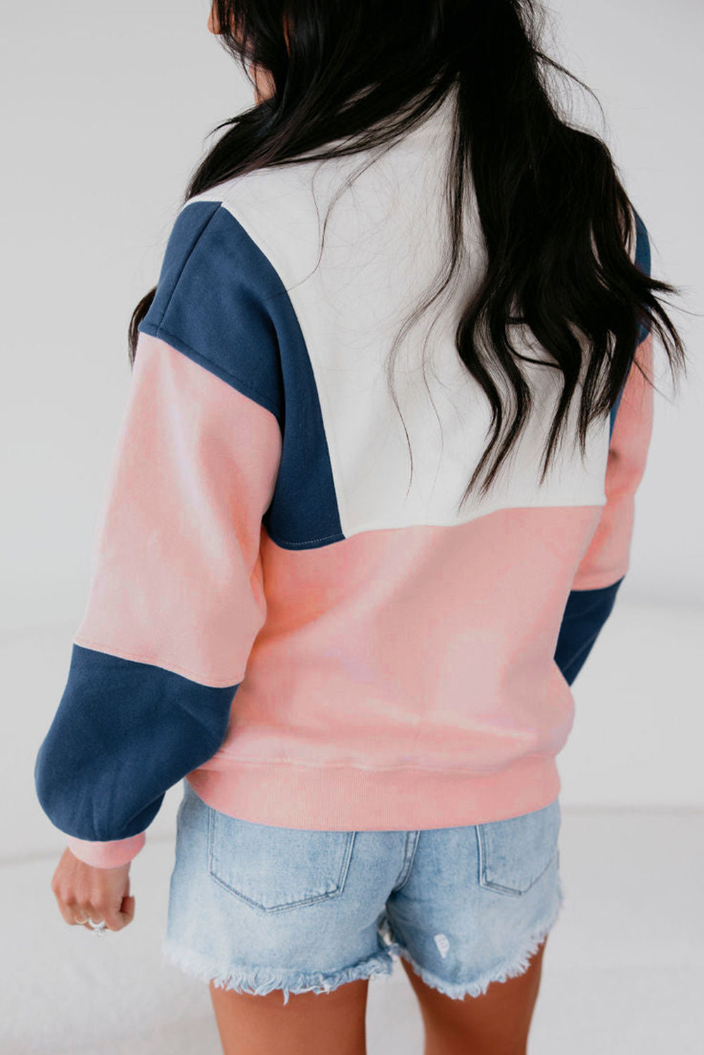 Pink Colorblock Patchwork Half Button Baggy Sweatshirt