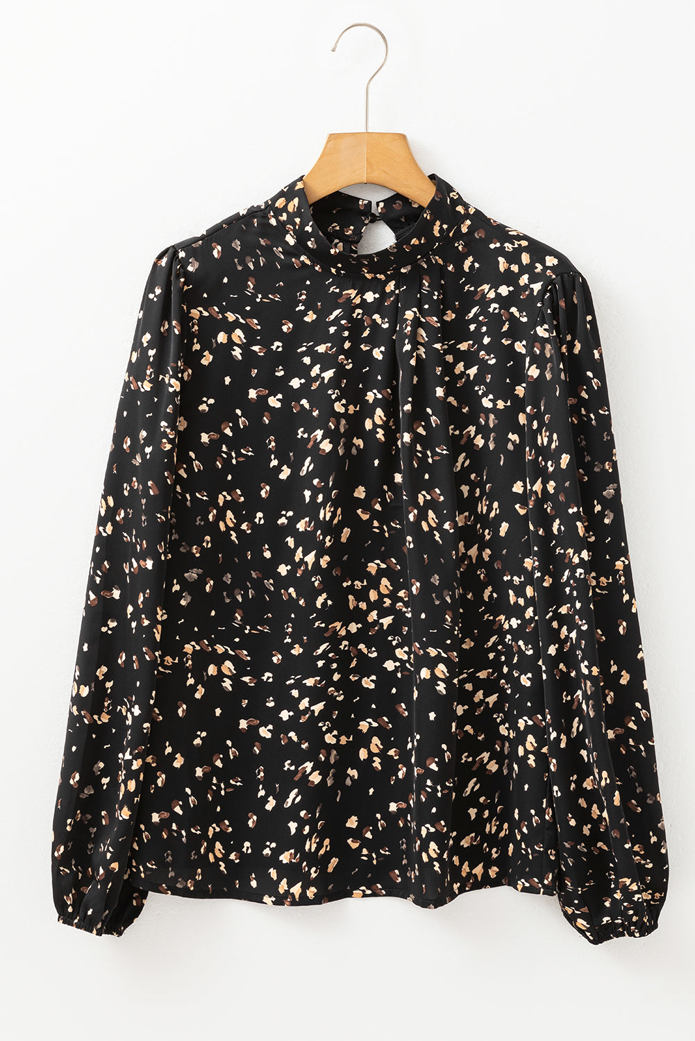 Black Leopard Print Puff Sleeve Mock Neck Pleated Blouse