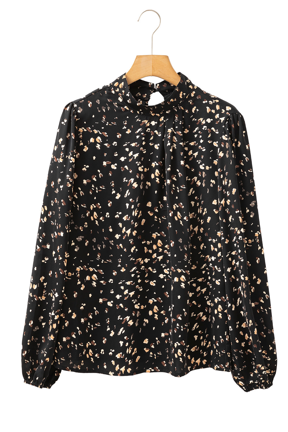 Black Leopard Print Puff Sleeve Mock Neck Pleated Blouse