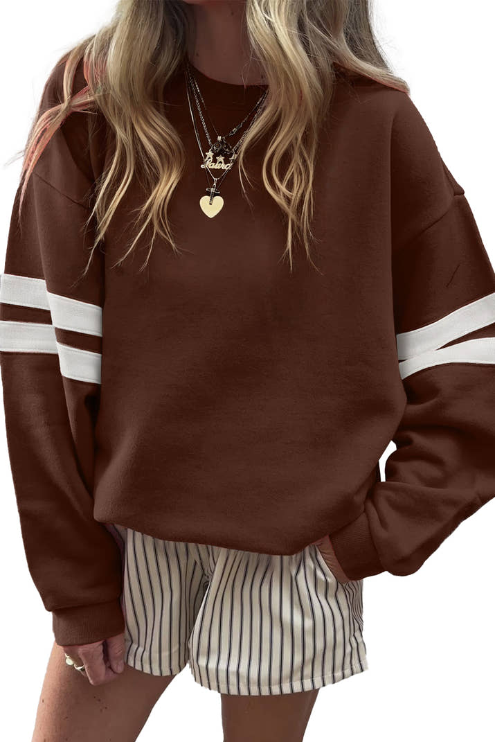 Coffee Preppy Striped Sleeve Loose Sweatshirt