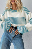 Light Blue Two Tone Striped Patchwork Drop Shoulder Sweater
