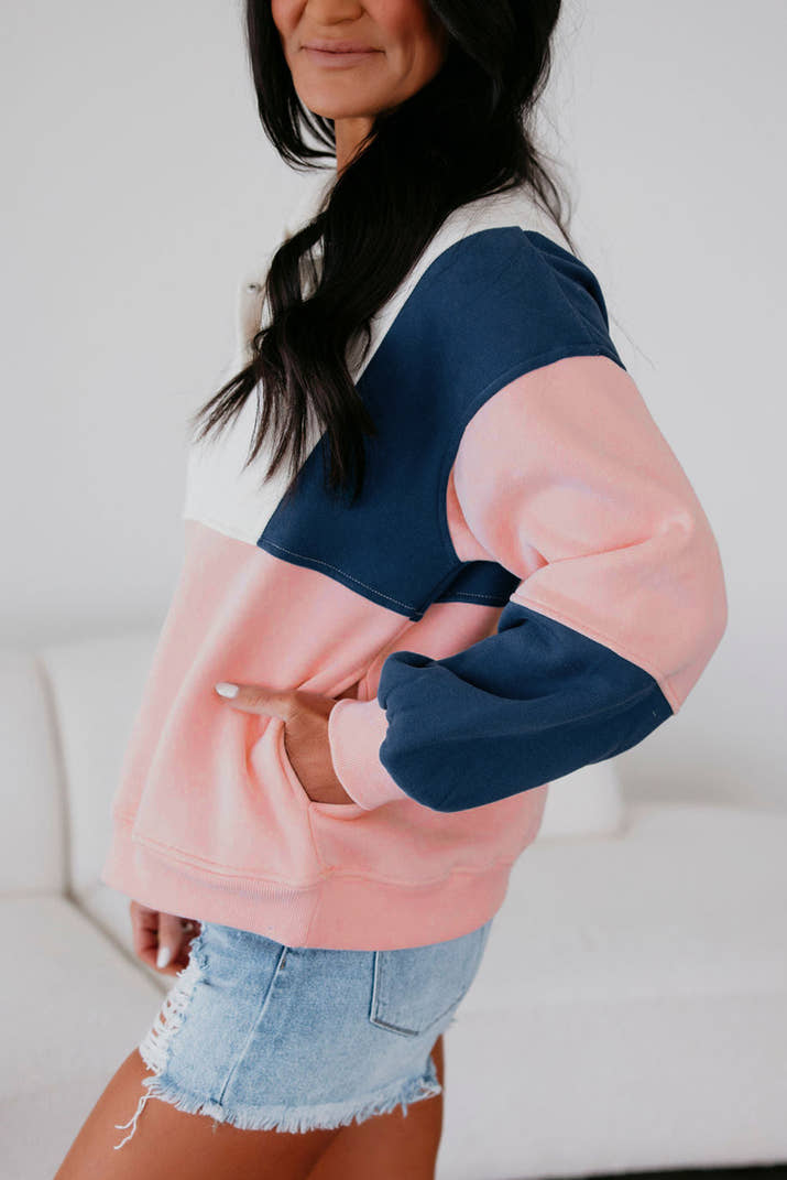Pink Colorblock Patchwork Half Button Baggy Sweatshirt
