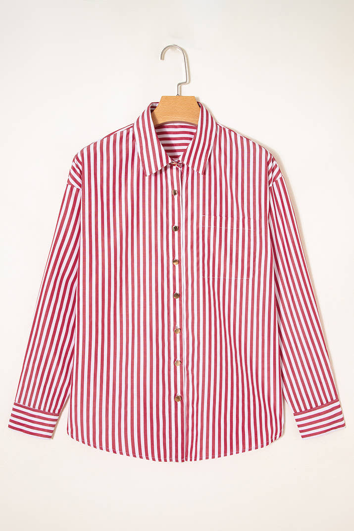 Red Striped Pocket Side Slit Loose Shirt Shacket
