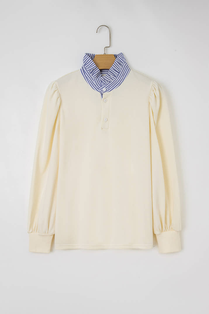 White Striped Ruffle Button Neck Pullover Sweatshirt