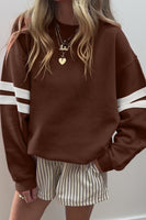 Coffee Preppy Striped Sleeve Loose Sweatshirt