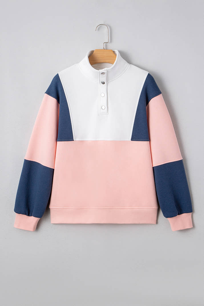 Pink Colorblock Patchwork Half Button Baggy Sweatshirt