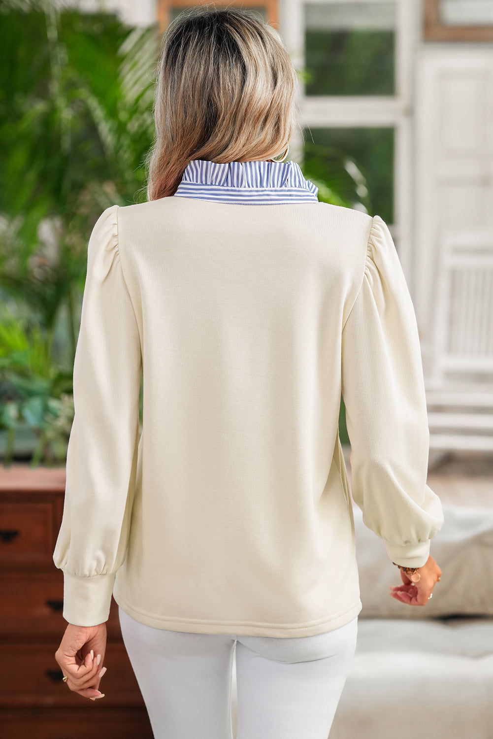 White Striped Ruffle Button Neck Pullover Sweatshirt