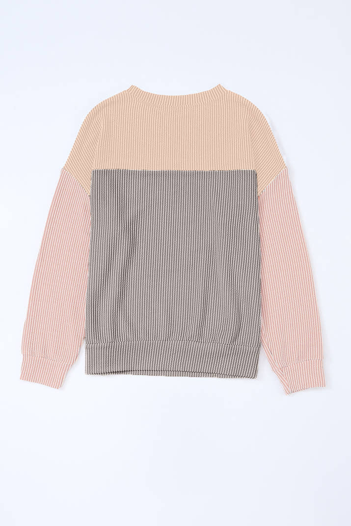 Multicolor Colorblock Ribbed Loose Long Sleeve Top