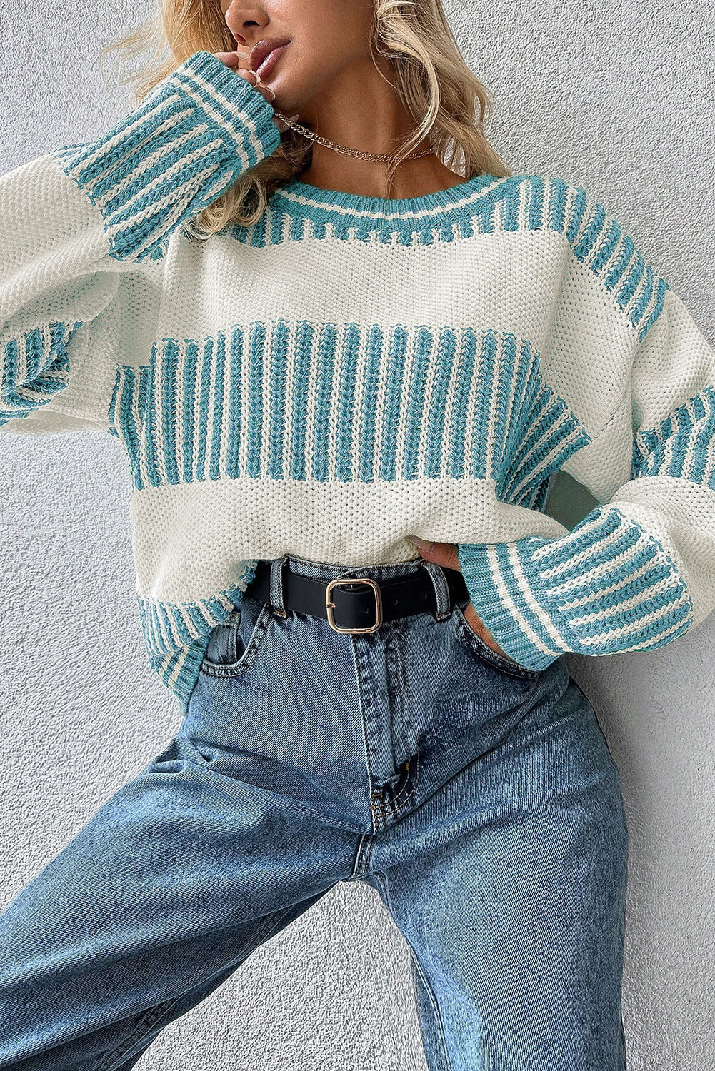 Light Blue Two Tone Striped Patchwork Drop Shoulder Sweater