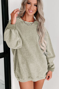 Green Ribbed Round-Neck Drop Sleeve Pullover Sweatshirt