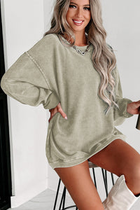 Green Ribbed Round-Neck Drop Sleeve Pullover Sweatshirt