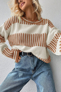 Khaki Two Tone Striped Patchwork Drop Shoulder Sweater