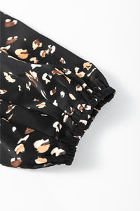 Black Leopard Print Puff Sleeve Mock Neck Pleated Blouse