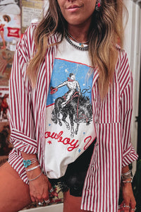 Red Striped Pocket Side Slit Loose Shirt Shacket