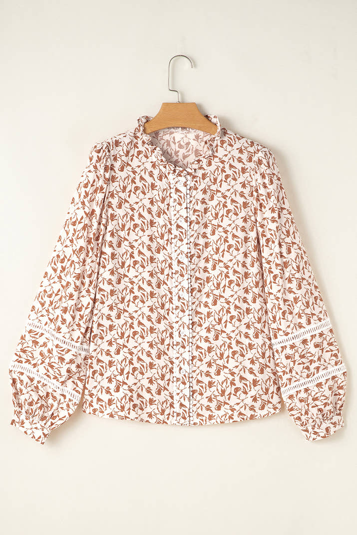 Yellow Printed Floral Print Lace Detail Puff Sleeve Shirt