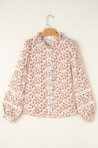 Yellow Printed Floral Print Lace Detail Puff Sleeve Shirt