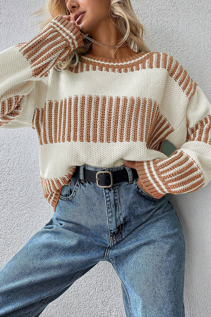 Khaki Two Tone Striped Patchwork Drop Shoulder Sweater