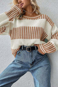 Khaki Two Tone Striped Patchwork Drop Shoulder Sweater