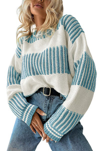 Light Blue Two Tone Striped Patchwork Drop Shoulder Sweater