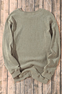 Green Ribbed Round-Neck Drop Sleeve Pullover Sweatshirt