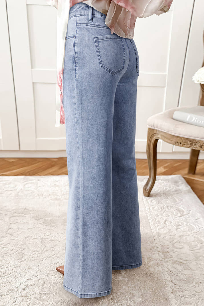 Beau Blue Button Zip High Waist Flared Hem Jeans