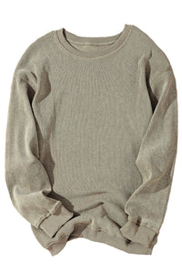 Green Ribbed Round-Neck Drop Sleeve Pullover Sweatshirt