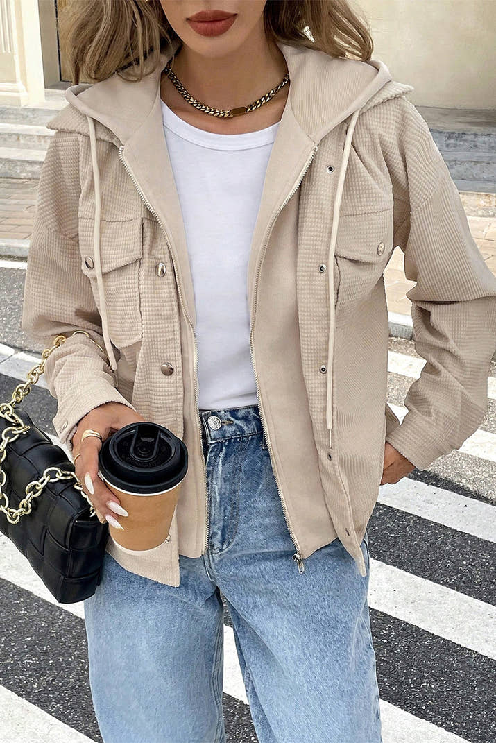 Beige Solid Color Textured Patchwork Flap Pocket Shacket