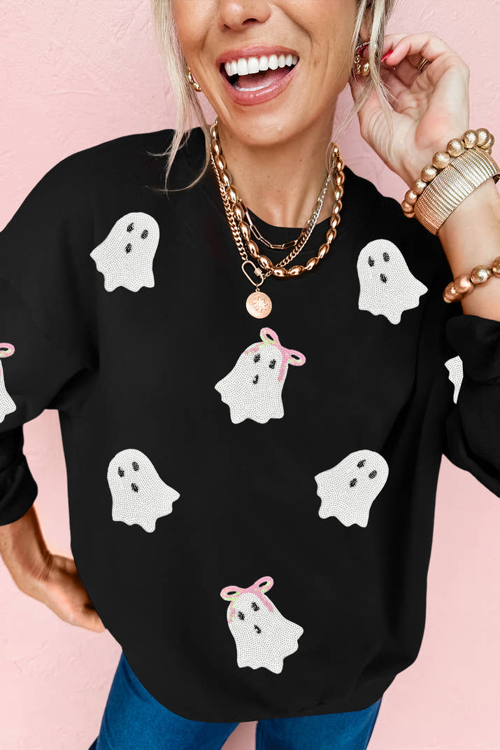 Black Cute Bow Ghost Sequins Patch Graphic Crew Neck Halloween Sweatshirt