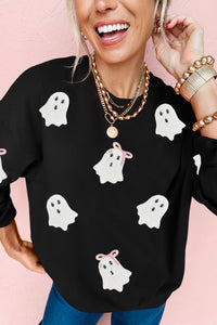 Black Cute Bow Ghost Sequins Patch Graphic Crew Neck Halloween Sweatshirt