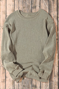 Green Ribbed Round-Neck Drop Sleeve Pullover Sweatshirt
