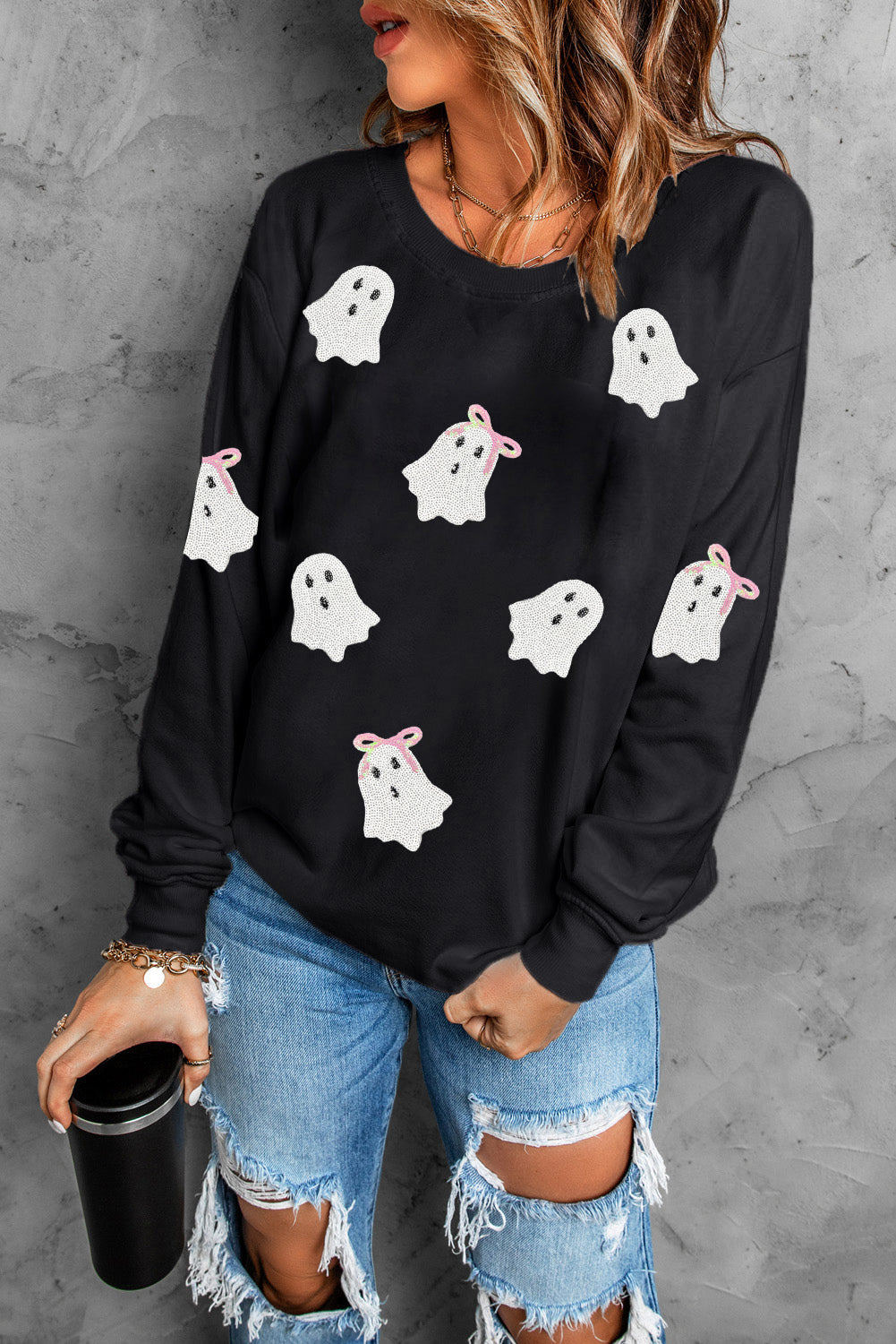Black Cute Bow Ghost Sequins Patch Graphic Crew Neck Halloween Sweatshirt