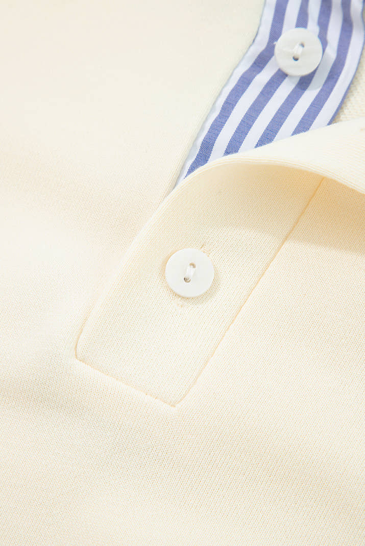 White Striped Ruffle Button Neck Pullover Sweatshirt