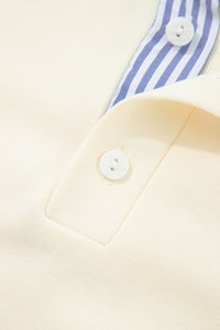 White Striped Ruffle Button Neck Pullover Sweatshirt